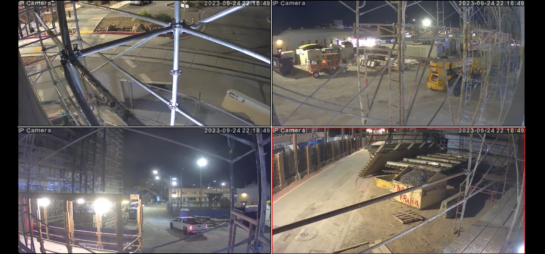 Four historical surveillance-camera views covering the Ari on Fourth construction site at night