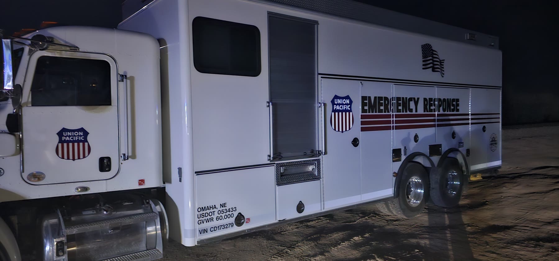 Union Pacific Emergency Response vehicle inside a derailment recovery scene secured by Privateer
