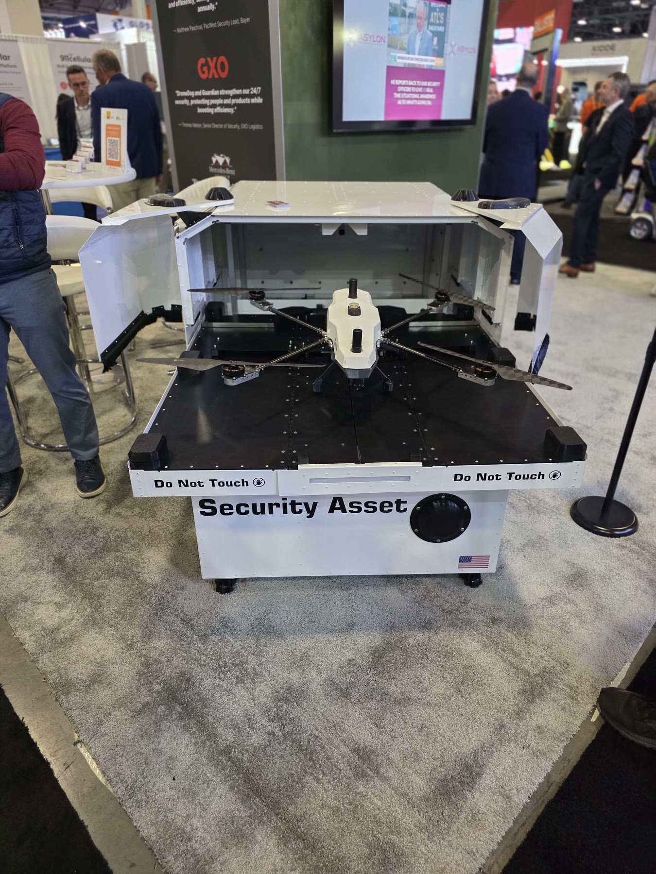 Autonomous security drone displayed in a docking station at ISC West 2026