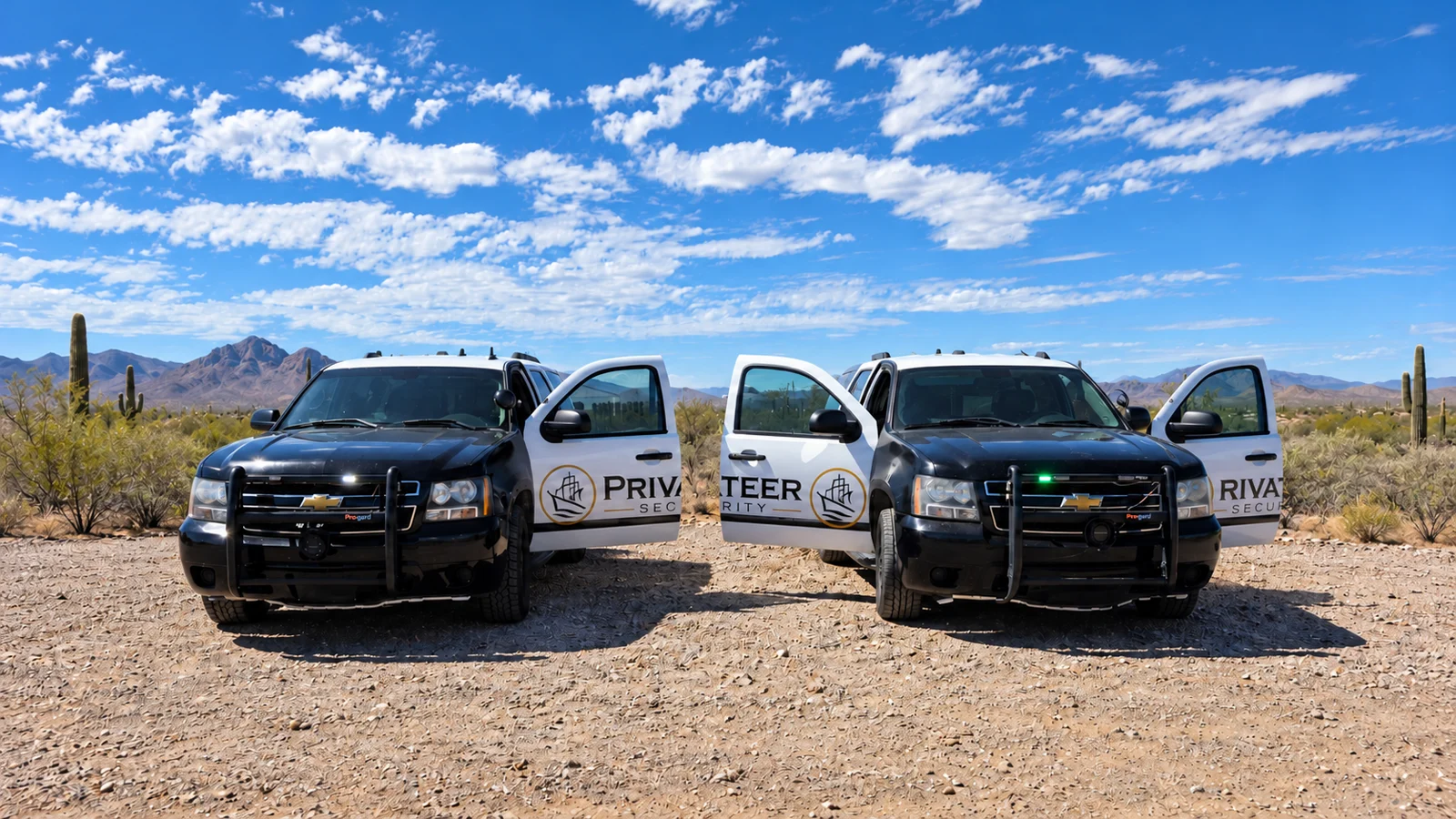 Privateer Tahoe patrol SUVs with open branded doors; October 2026 promotional photograph with an edited desert backdrop