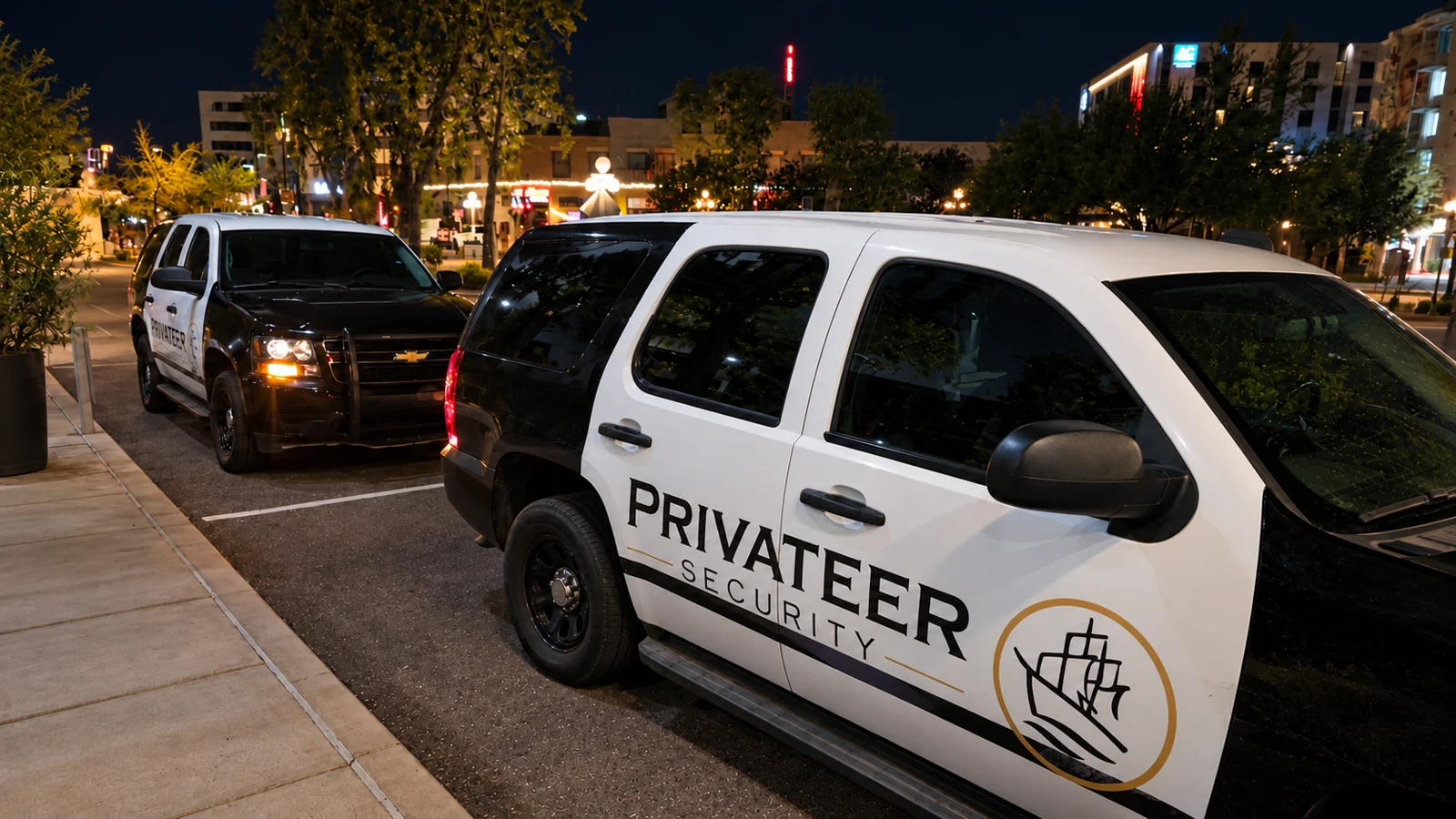 Two Privateer Tahoe patrol SUVs parked at night, from the October 2026 fleet collection